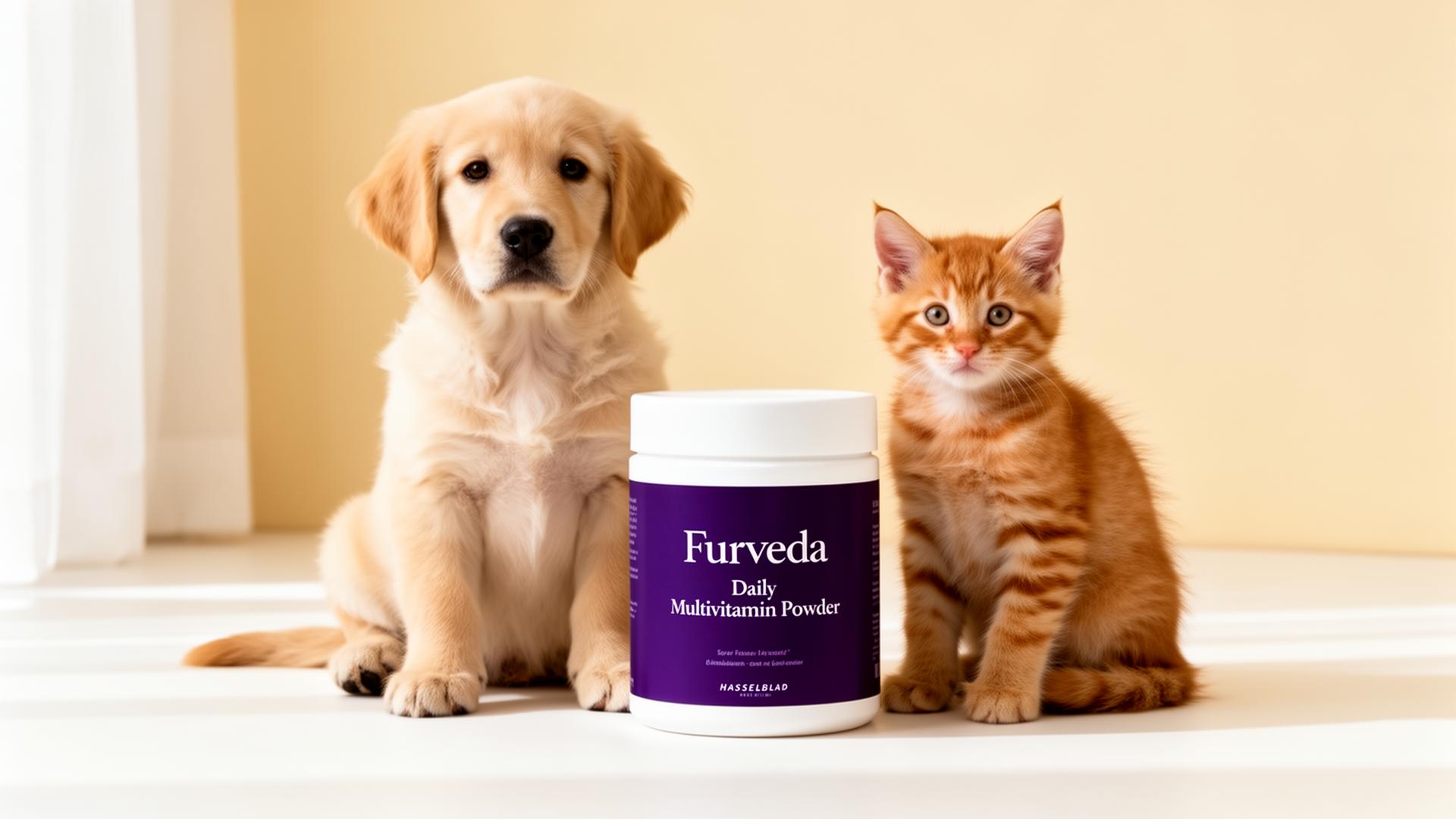 A Golden Retriever puppy and ginger kitten beside a tub of Furveda Daily Multivitamin Powder